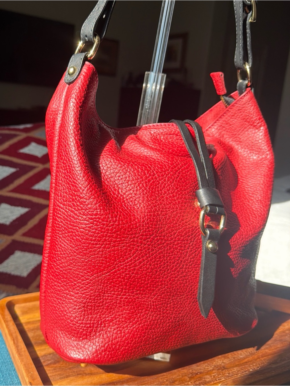 Valentina Hobo in Soft Red Pebbled Leather with Black Handle, Buckle and Zipper